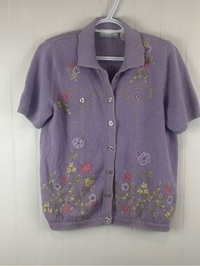 Alfred Dunner Petite Floral Cardigan Cottagecore Vintage Lavender Embroidered M